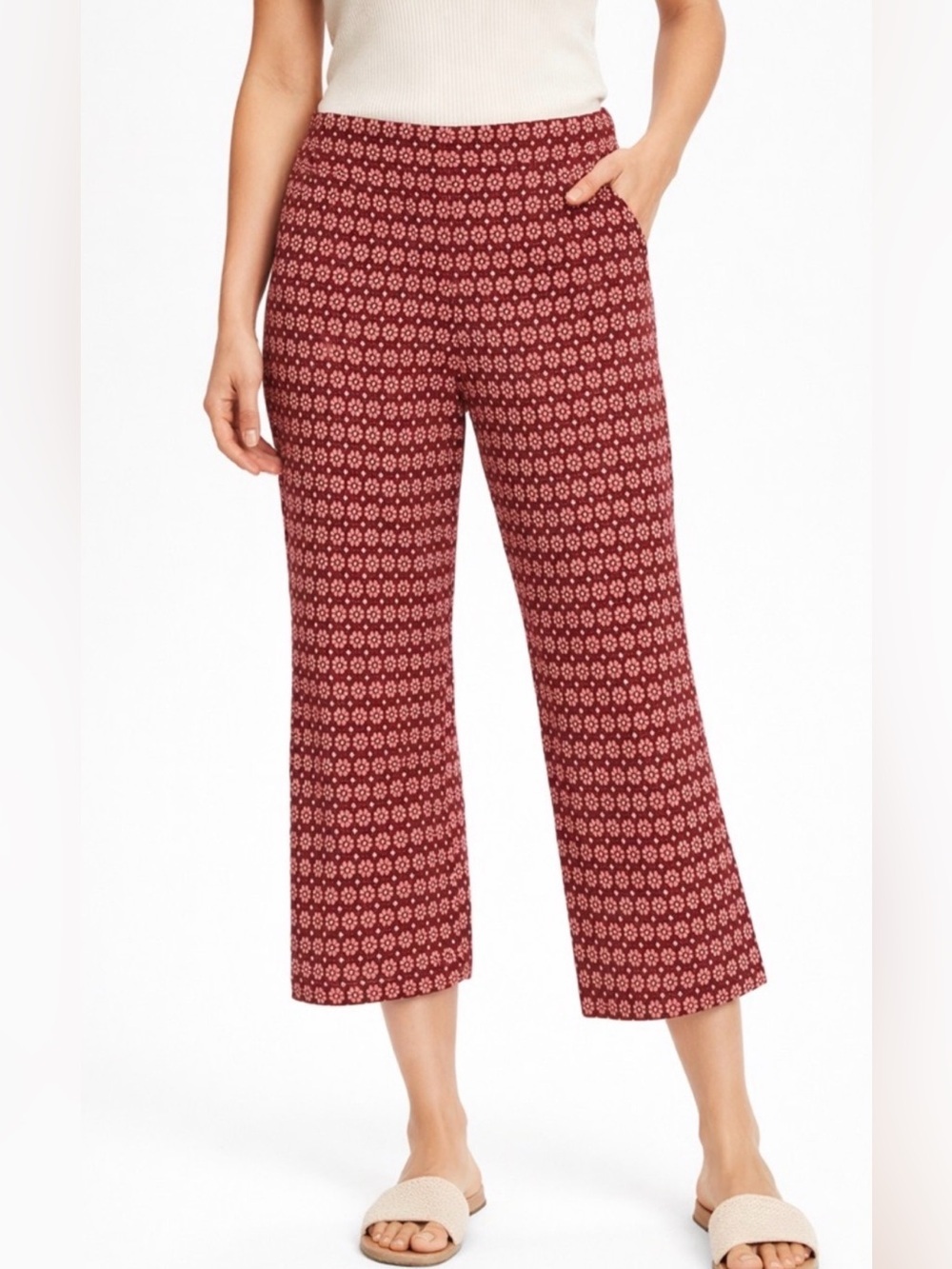 Maeve Anthropologie Knit Cropped Pants Red Floral Print High Waist Wide Leg, M